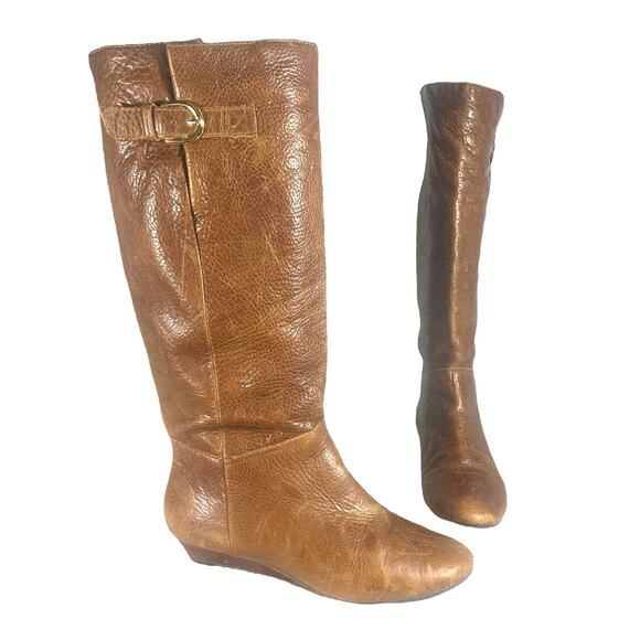Steve Madden Entyce Brown Leather Riding Boots Size 6.5 Knee High Flat Buckle - Picture 1 of 12